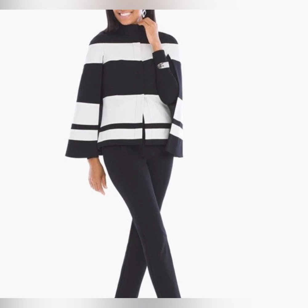 Woman's Chicos Cape Style Black White Striped Snap Front Jacket. Size 1/M